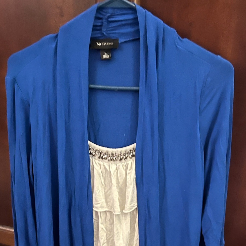 AB Studio Blue/Cream cardigan with attached tank top
